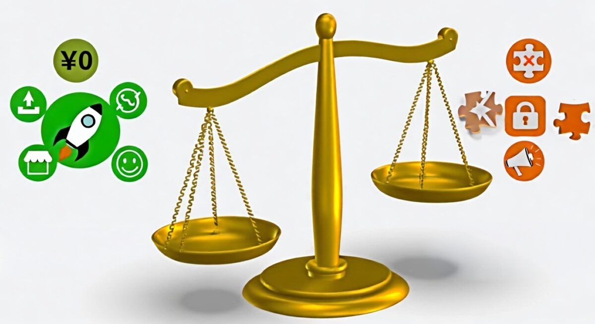 ECサイト無料作成のメリット・デメリットを比較する天秤の画像